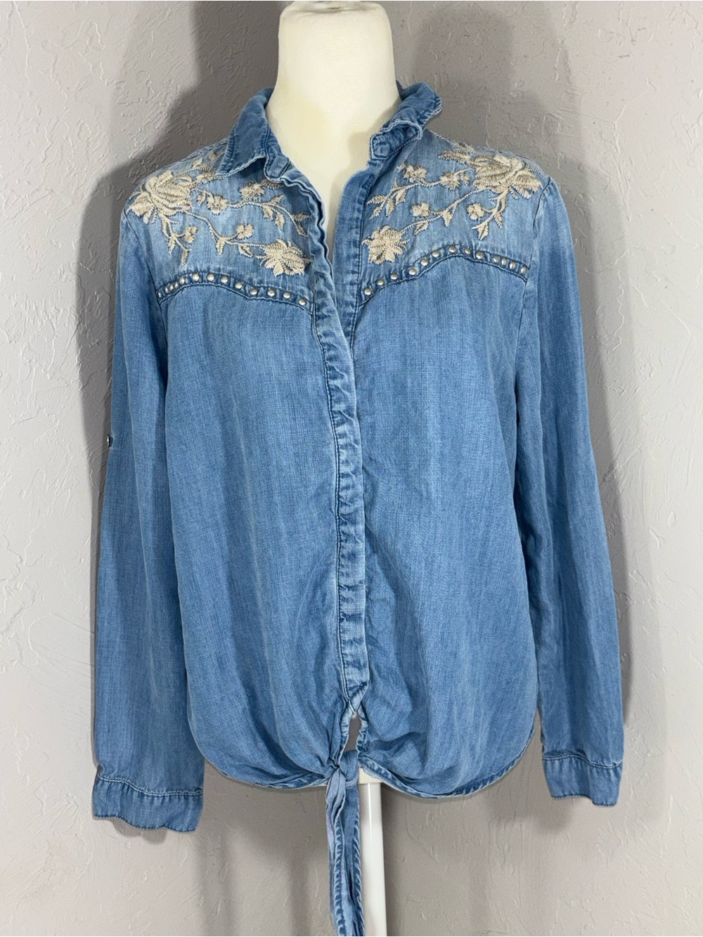 Reba Light Blue Embroidered Tie-Front Denim Blouse